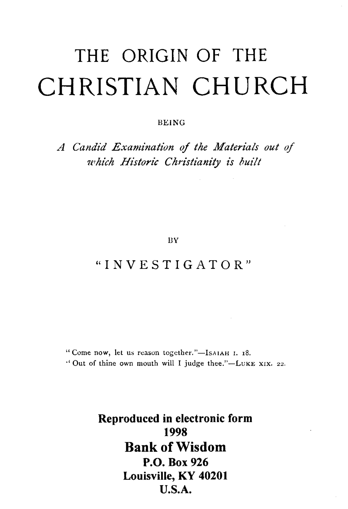 The Origin of the Christian Church